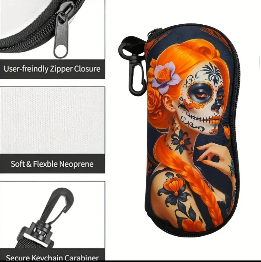 Women's Ultra-Lightweight Eyeglass Case  Orange Witch Floral Skull Design